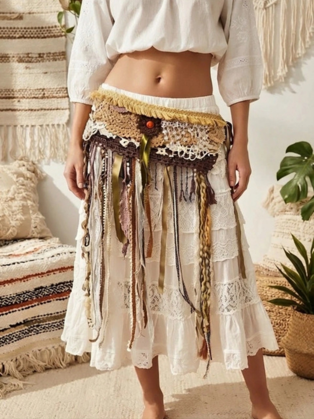 OOAK Upcycled Boho Crochet Lace Fringe Hip Belt Festival Pixie Western